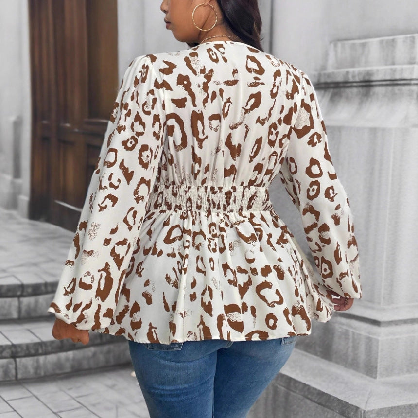 Camisa de mujer con estampado de leopardo, cuello en V y mangas largas
