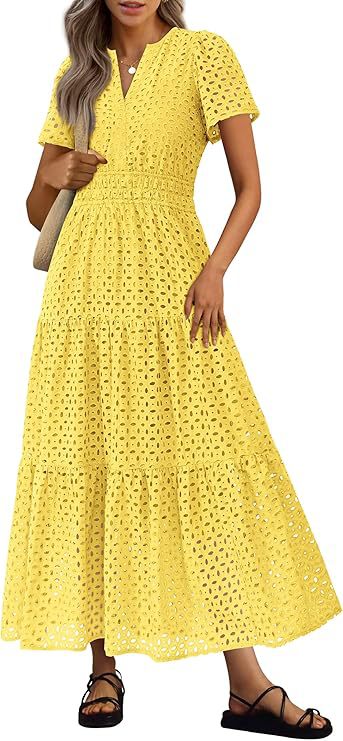 Robe Longue Fluide de Vacances à la Plage pour Femme – Style Col en V à Manches Courtes Eyelet