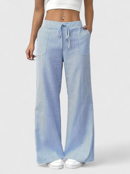 Pantalon Large Confortable Élégant Femme – Style Rayé avec Cordon
