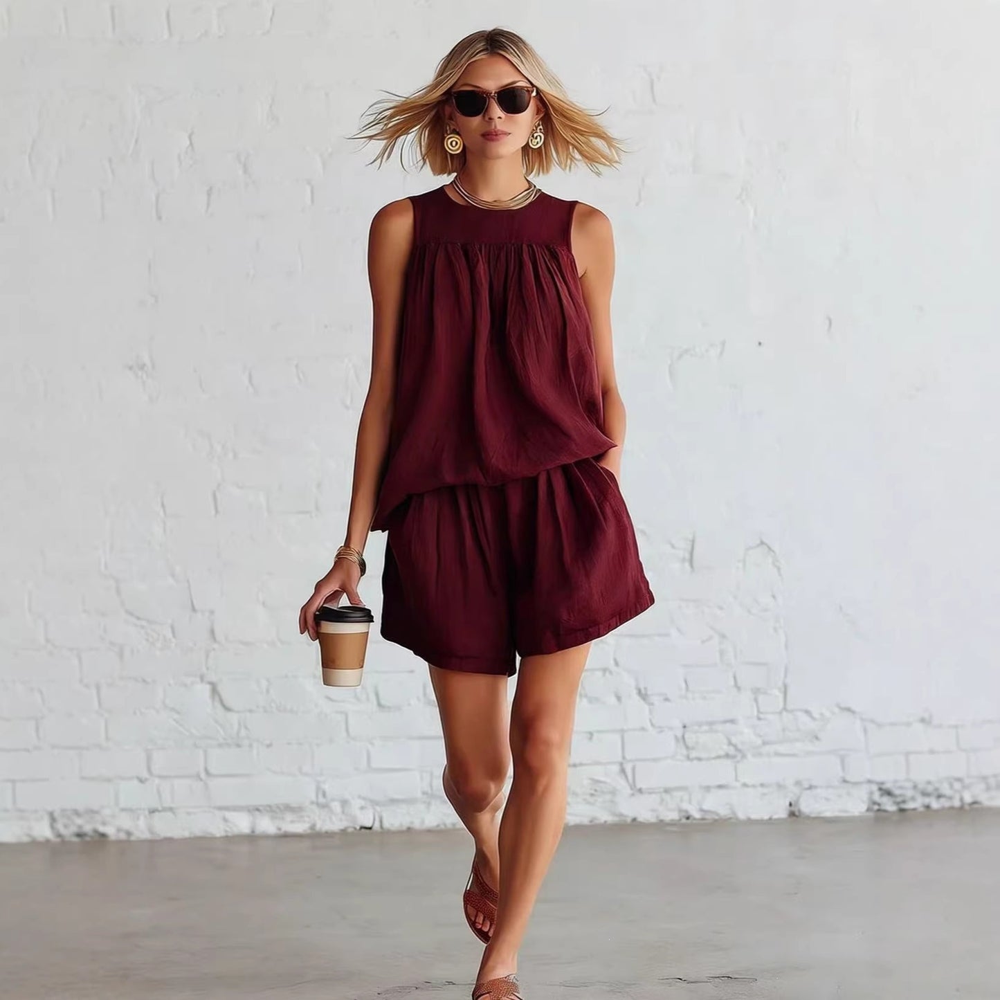Ensemble femme retro top plisse sans manches et short large - Elegant et estival