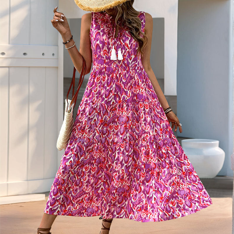 Robe Maxi Sans Manches à Imprimé Abstrait pour Femme – Style Décontracté à Volants pour Vacances