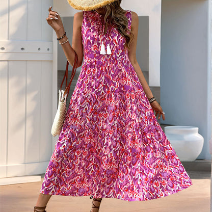 Robe Maxi Sans Manches à Imprimé Abstrait pour Femme – Style Décontracté à Volants pour Vacances