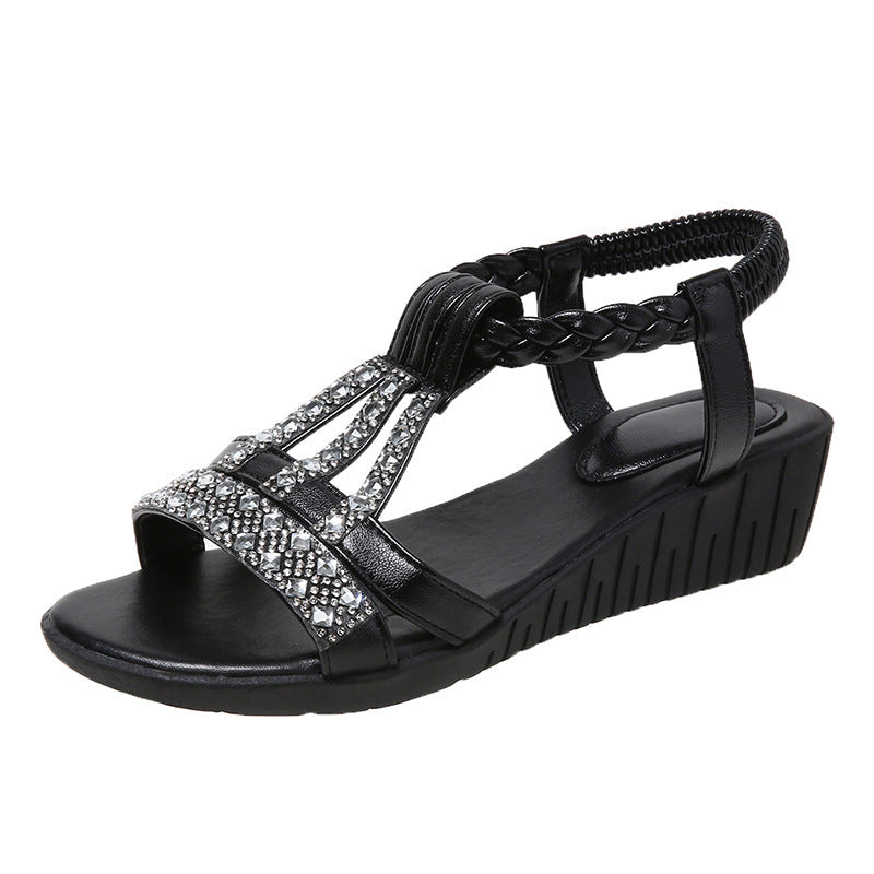 Sandales compensées boho élégantes pour femme avec strass – Ouvertes et confortables pour l’été