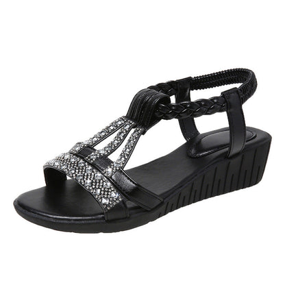 Sandales compensées boho élégantes pour femme avec strass – Ouvertes et confortables pour l’été