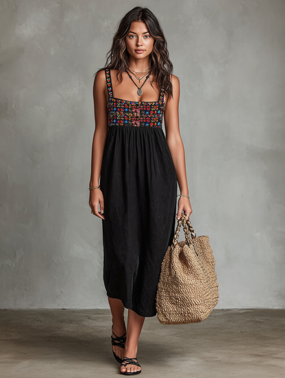 Robe midi brodee effet suedine femme - Boheme et elegante