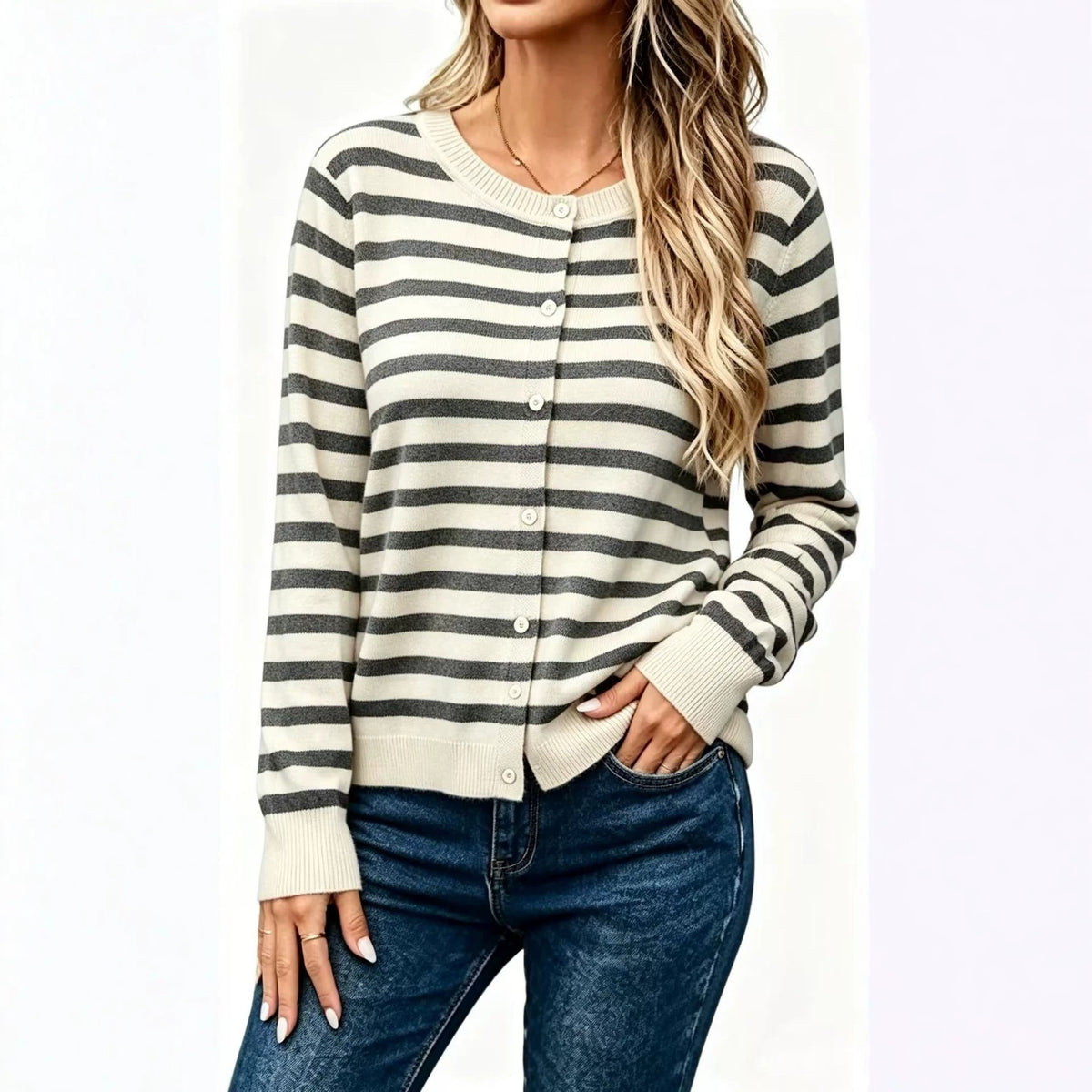Cardigan da donna in maglia a righe con maniche lunghe – Vestibilità ampia, stile casual e confortevole
