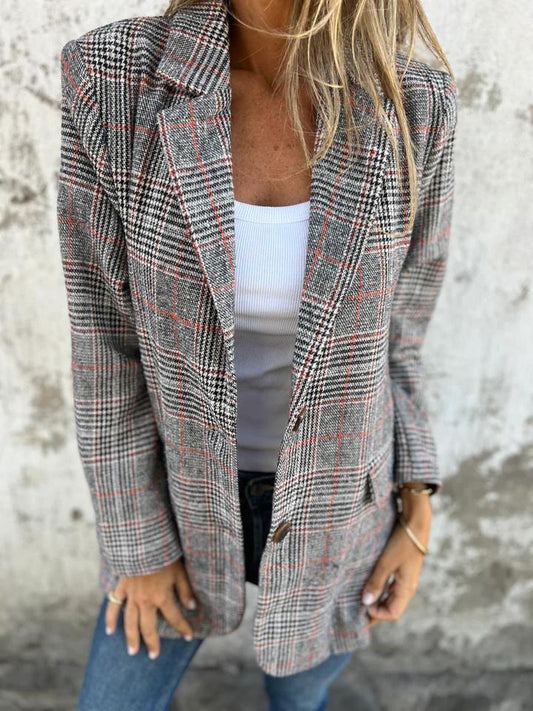 Blazer femme élégant à carreaux – Long col tailleur, veste légère stylée pour le bureau et le quotidien