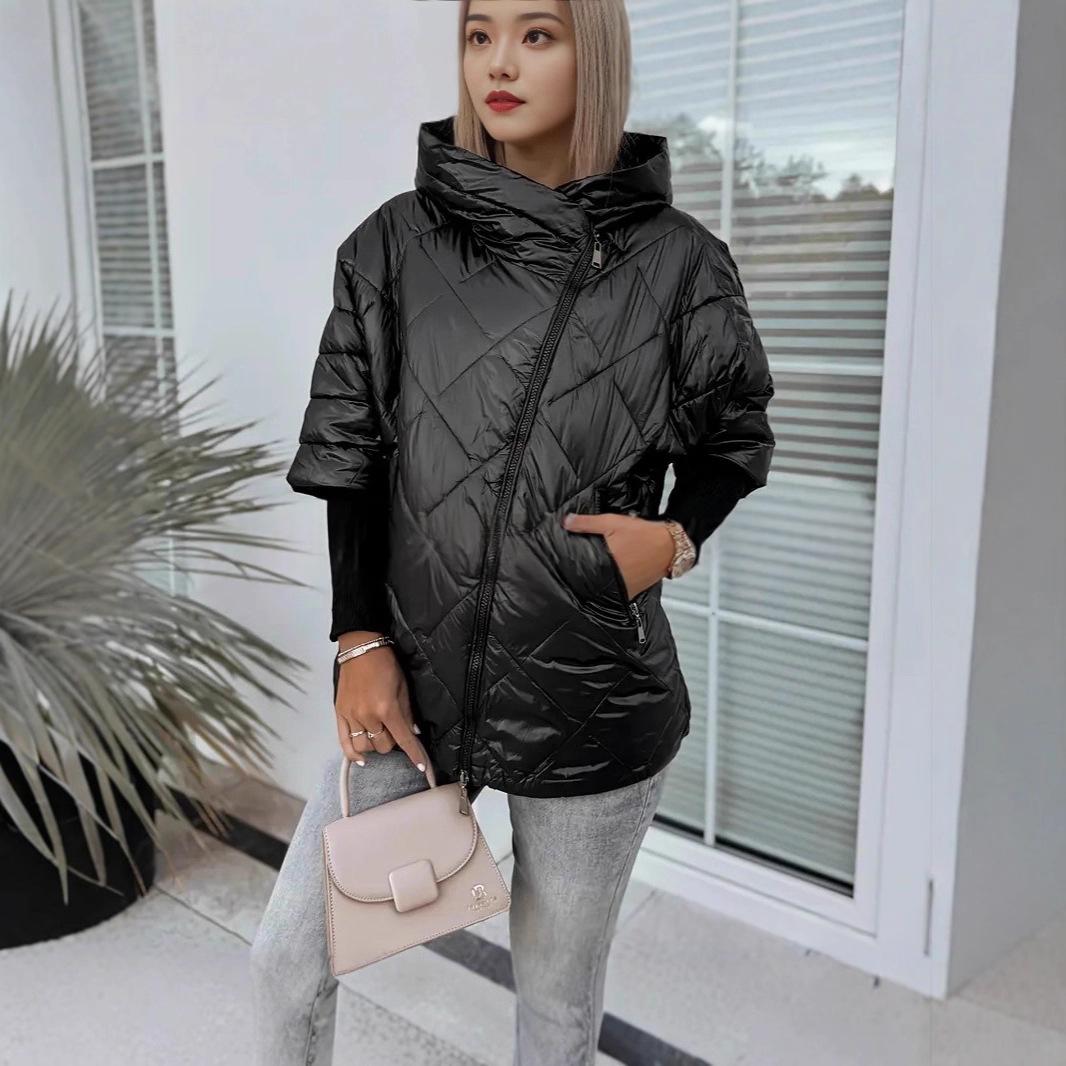 Women’s Hooded Puffer Jacket with Zip Closure – Chic and Warm Patchwork Style for Winter