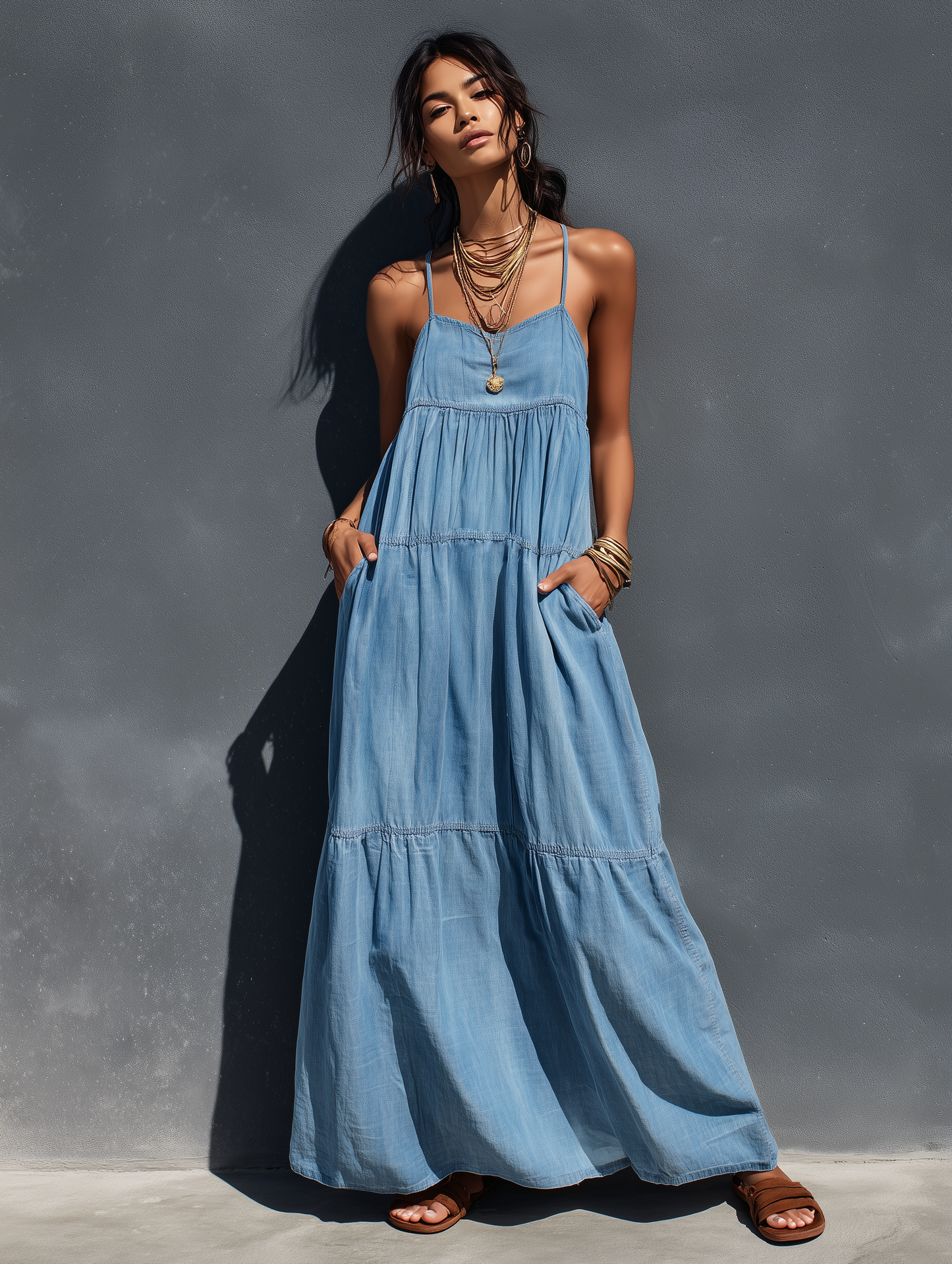 Women's Denim Maxi Overalls Dress - Casual and Trendy