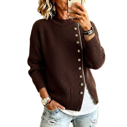 Pull femme côtelé à zip asymétrique – Moderne et confortable