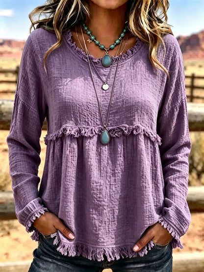Vintage women's round-neck top with pom-poms – Chic casual style with long sleeves