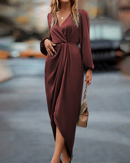 Robe Mi-Longue Élégante en Satin Femme – Col V avec Manches Longues Bouffantes