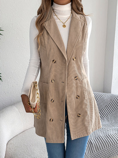Veste-gilet longue en velours côtelé unie pour femme – Modèle décontracté à double boutonnage et poches, idéal pour jouer les superpositions
