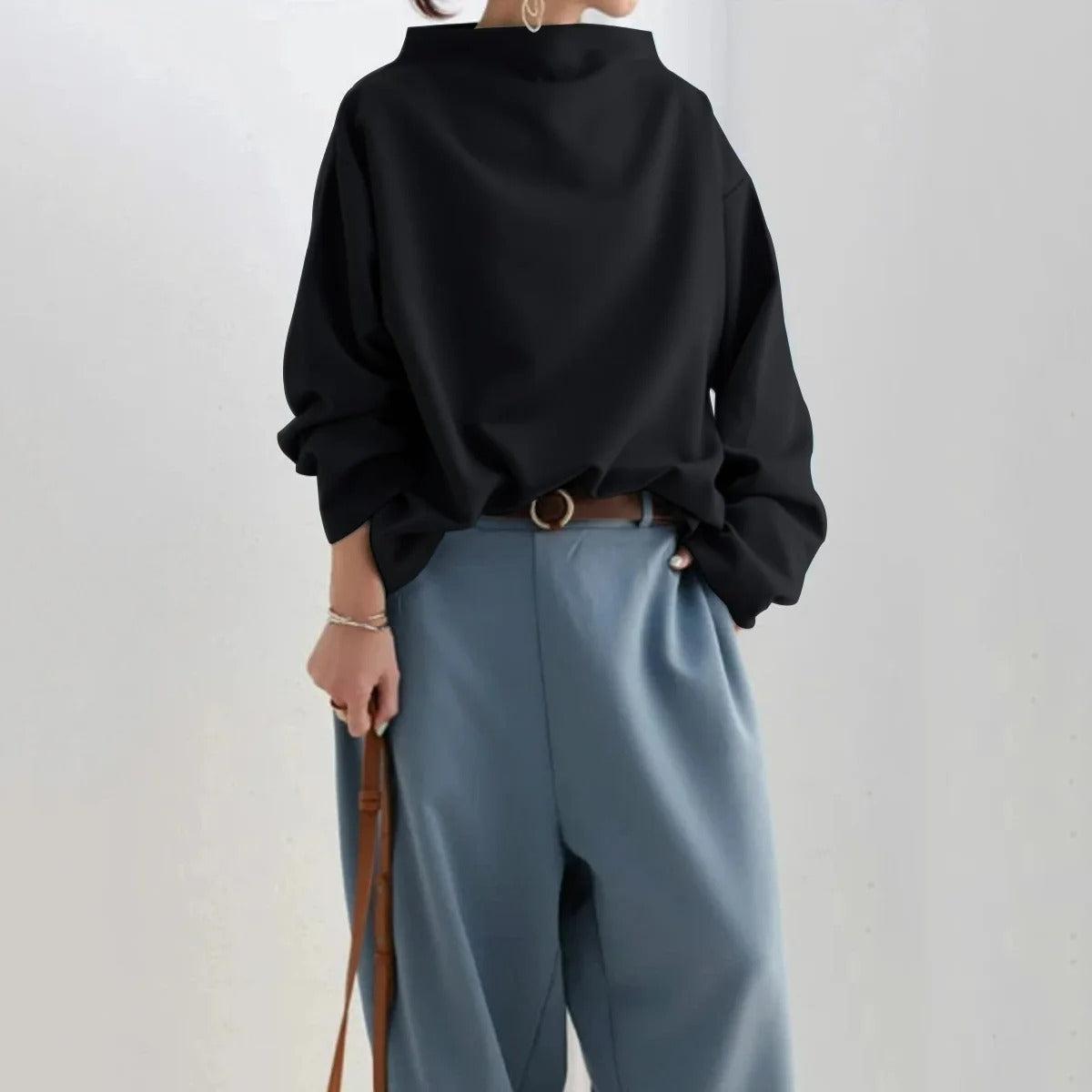 Pull Col Montant Élégant Femme – Coupe Décontractée Noir à Manches Longues