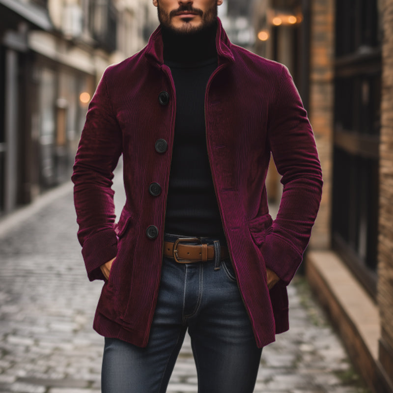 Manteau court ajusté en velours côtelé à col montant pour homme