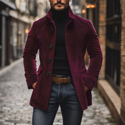 Manteau court ajusté en velours côtelé à col montant pour homme
