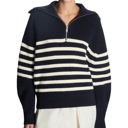 Women's Striped Half-Zip Sweater – Long Sleeves, Casual and Comfortable Style for Fall and Winter