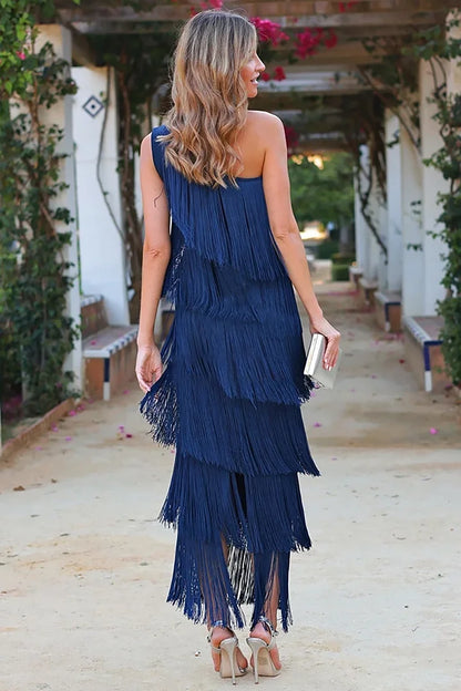 Femmes Longue Maxi Bleue à Franges Invitées de Mariage Robe – Fluide, Élégante