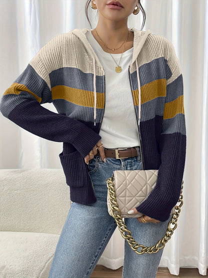 Women's zip-up color-block hooded cardigan - Comfortable and modern