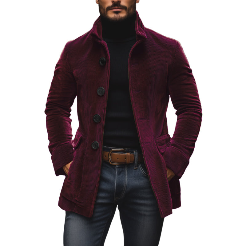 Manteau court ajusté en velours côtelé à col montant pour homme