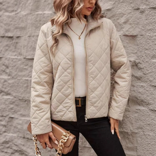 Women's Diamond-Pattern Coat with Long Sleeves – Solid-Color Style, Notched Lapel, Relaxed Fit