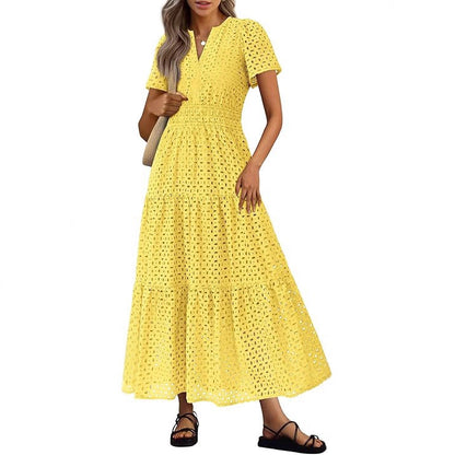 Robe Longue Fluide de Vacances à la Plage pour Femme – Style Col en V à Manches Courtes Eyelet