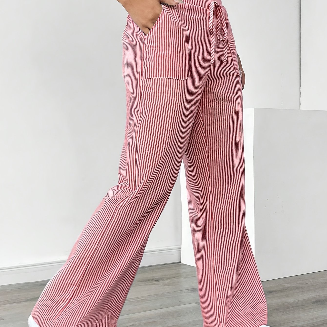 Pantalon Jambe Large à Poches Latérales, Imprimé Rayé Décontracté Taille Cordon, Printemps &amp; Été, Vêtements pour Femmes