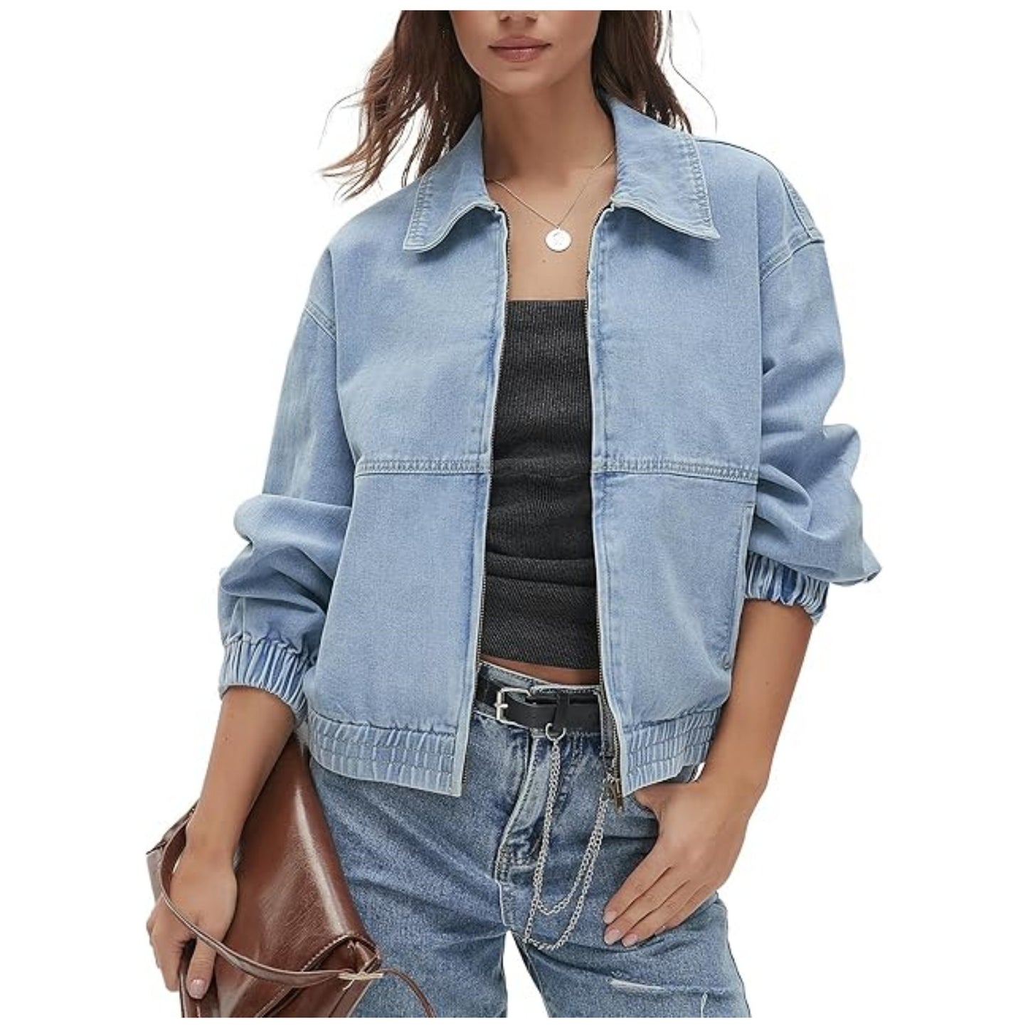 Unisex Retro Denim Jacket – Casual Vintage Style with Lapel Collar and Zip Closure