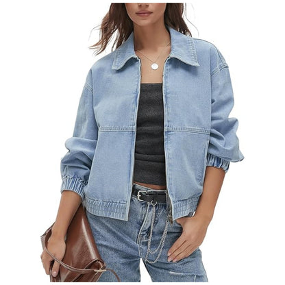 Unisex Retro Denim Jacket – Casual Vintage Style with Lapel Collar and Zip Closure