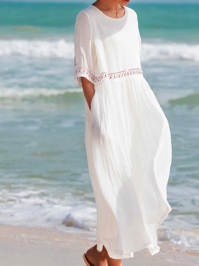 Robe Maxi Décontractée en Lin Blanc Brodé Pour Femmes – Été, Tenue de Plage
