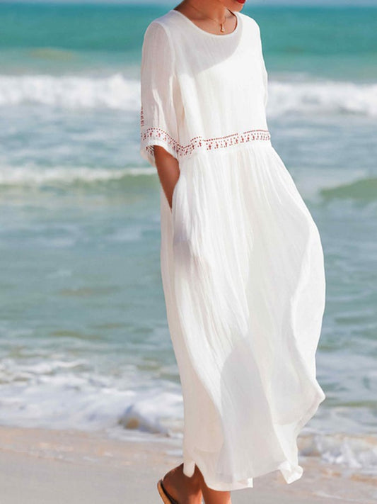 Robe Maxi Décontractée en Lin Blanc Brodé Pour Femmes – Été, Tenue de Plage