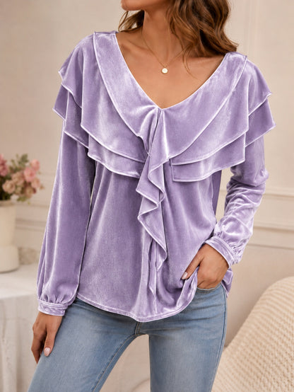 Women's Velvet Top with V-Neck and Ruffles – Elegant, Chic, Feminine Style