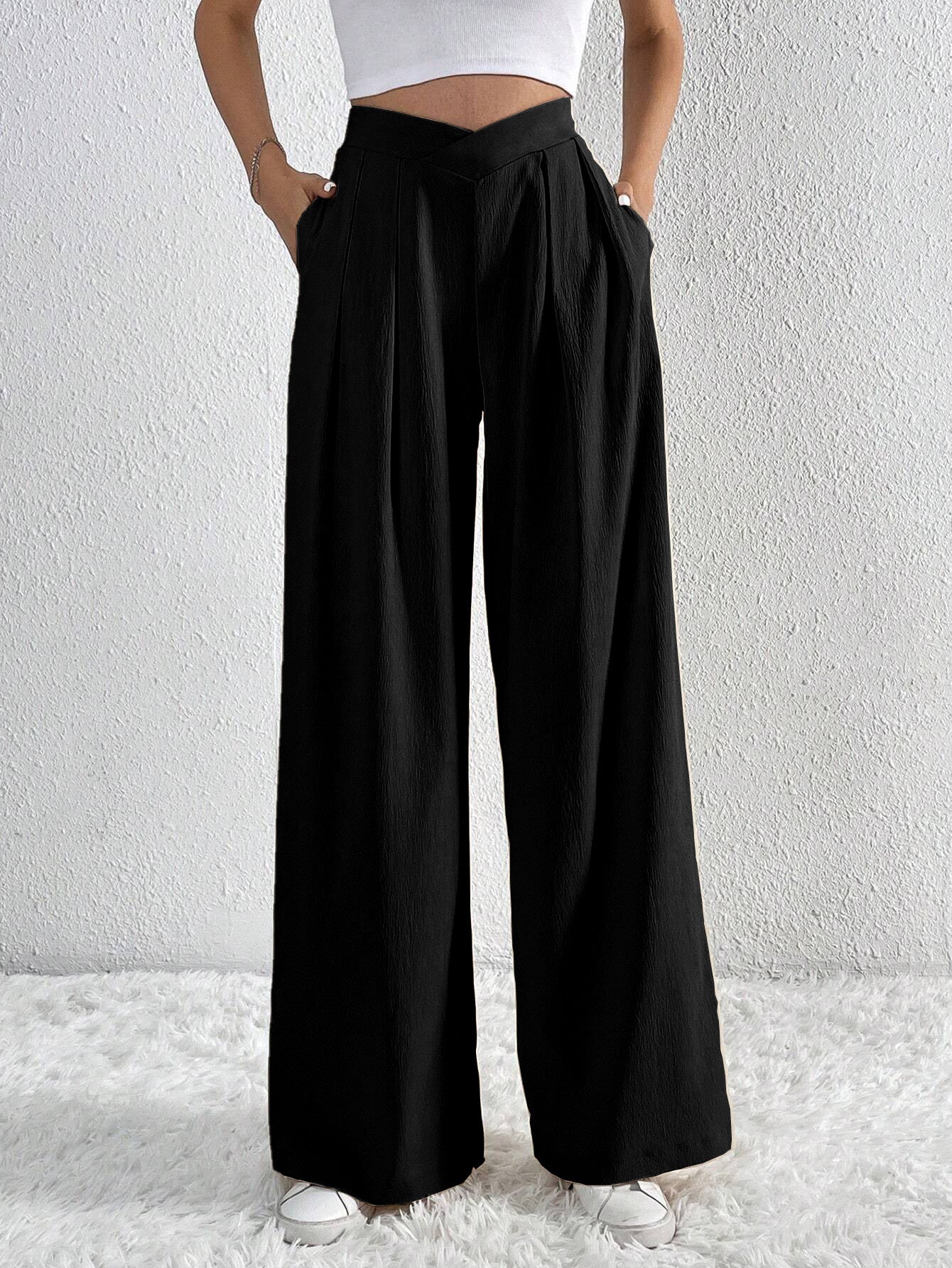 Pantalon Large Plissé Taille Haute Femme – Style Décontracté d’Été