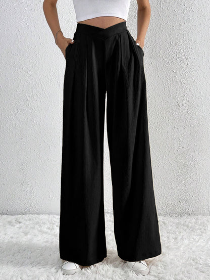 Pantalon Large Plissé Taille Haute Femme – Style Décontracté d’Été
