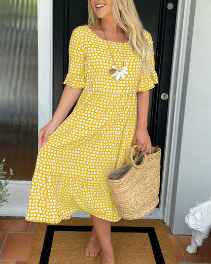 Robe midi pour femme à col rond et imprimé à pois