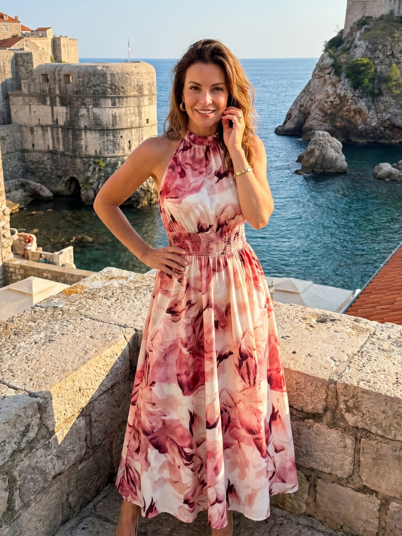 Women's Midi Dress with Abstract Print and Ruched Waist - Flowing and Elegant
