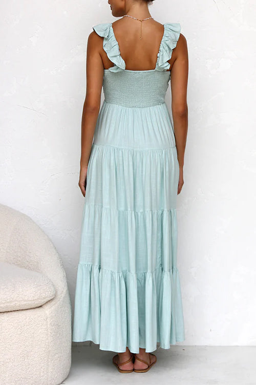 Robe Maxi en Lin Margovil – Col V avec Volants et Jupe à Niveaux Sans Manches