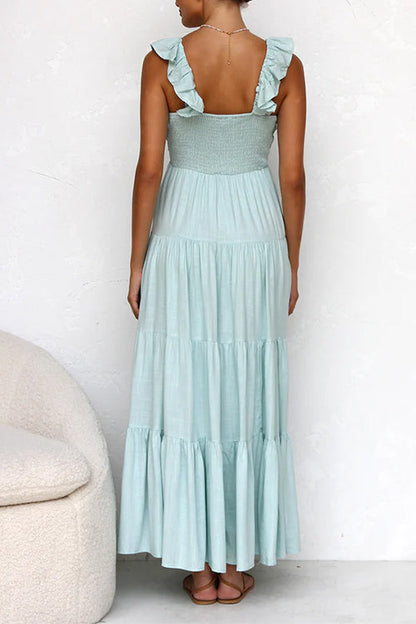 Robe Maxi en Lin Margovil – Col V avec Volants et Jupe à Niveaux Sans Manches