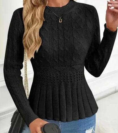 Pull Élégant Côtelé à Basque Femme – Maille Épaisse Col Rond