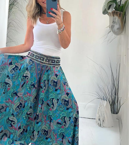 Pantalon Palazzo Bohème Élégant Femme – Pantalon Large Décontracté Taille Élastique
