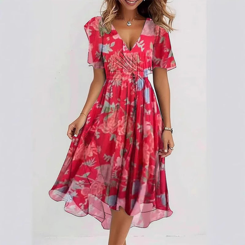 Robe Midi Femme Cache-Cœur à Fleurs – Style A-Line à Manches Courtes