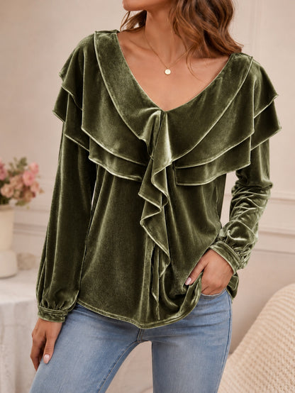 Women's Velvet Top with V-Neck and Ruffles – Elegant, Chic, Feminine Style
