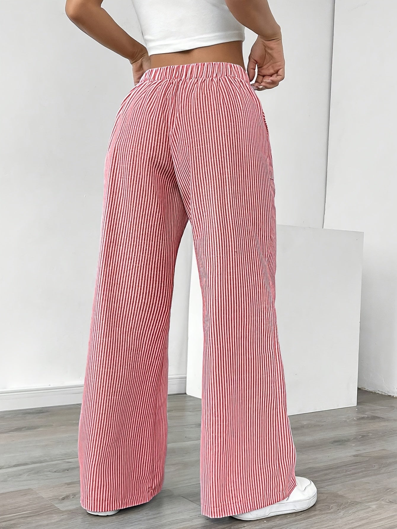 Pantalon Jambe Large à Poches Latérales, Imprimé Rayé Décontracté Taille Cordon, Printemps &amp; Été, Vêtements pour Femmes