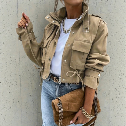 Women’s Biker Jacket with Mandarin Collar and Long Sleeves – Chic, Casual Vintage Style