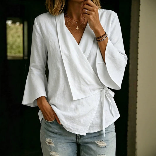 Chemisier femme asymétrique à revers et manches évasées