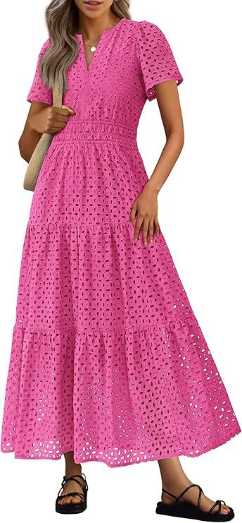 Robe Longue Fluide de Vacances à la Plage pour Femme – Style Col en V à Manches Courtes Eyelet