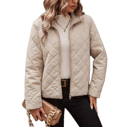 Women's Diamond-Pattern Coat with Long Sleeves – Solid-Color Style, Notched Lapel, Relaxed Fit