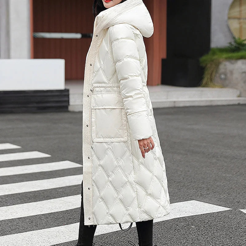 Manteau d’hiver matelassé long en A pour femme – Doudoune confortable zippée