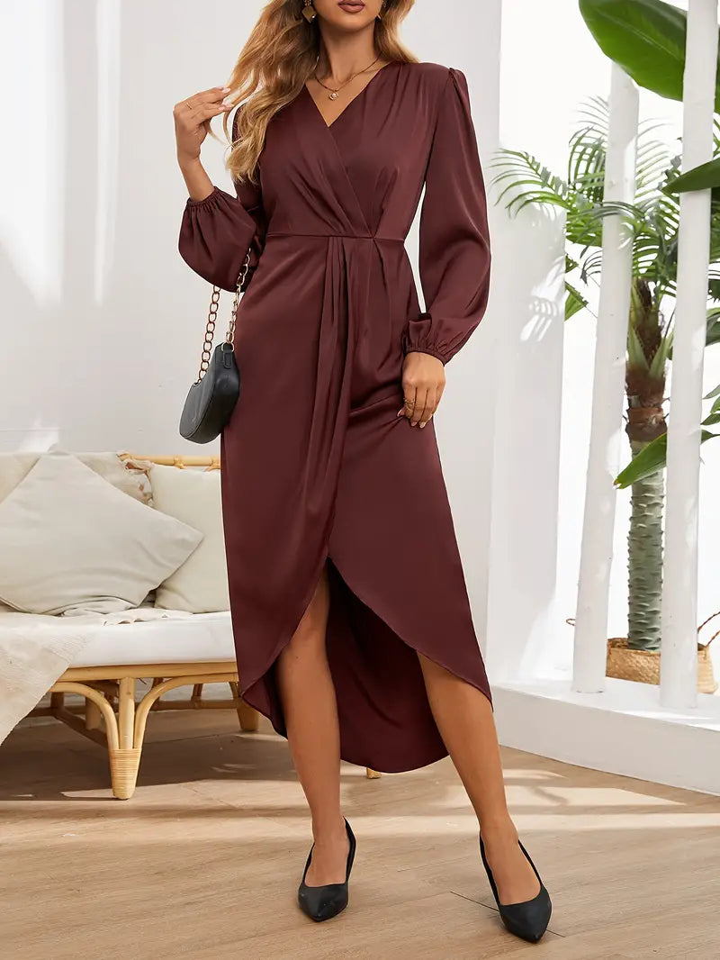 Robe Mi-Longue Élégante en Satin Femme – Col V avec Manches Longues Bouffantes