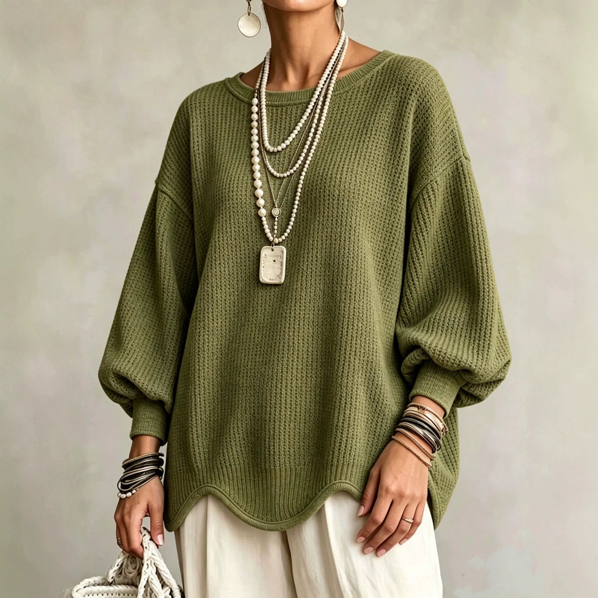 Women's top - Round neck, puff sleeves, and wavy hem